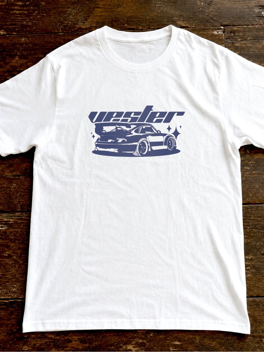 Gildan White Tee with Navy Car Graphic